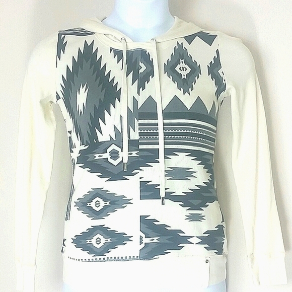Lauren Ralph Lauren Southwest Aztec Print Hoodie Size M Cream Black Cotton Boho - Picture 1 of 5